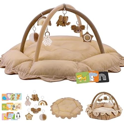 5-in-1 Baby Activity Gym & Play Mat with 6 Hanging Toys, Tummy Time Mat & Cards - Extra Large, Reversible Machine Washable Pad - Gift for Newborns, Infants 0-12 Months, Brown