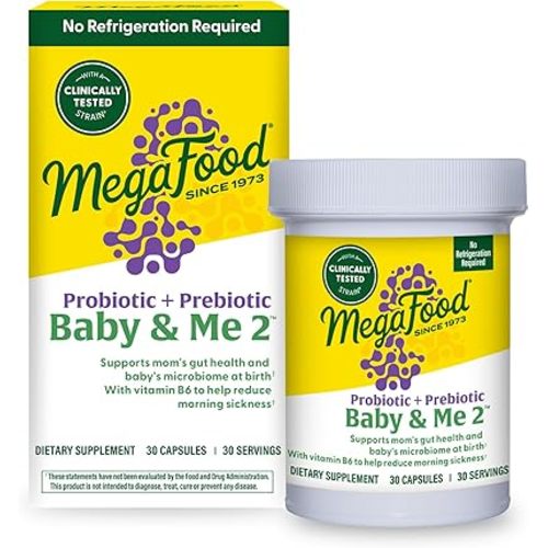 MegaFood Baby & Me 2 Prenatal Probiotic, Vegetarian Pregnancy Prebiotics and Probiotics for Women, Digestive Health & Immune Support with Vitamin B6 for Morning Sickness Relief, 30 Capsules