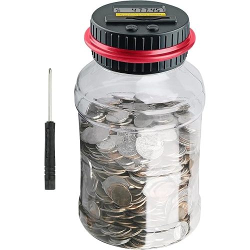 Coin Bank for Adults, QPEY Piggy Bank Coin Jar with LCD Counter Change Counter for Counting Money, Change Bank Designed for All US Coins (Red)