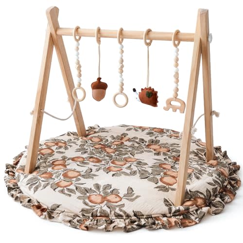 Wooden Baby Play Gym with Apple & Leaf Print Play Mat, Baby Gym with 5 Toys | Baby Frame Gym with 6 Hanging Toys Foldable Baby Activity Center Apple & Leaf Print Mat for Newborn Infant Shower Gift