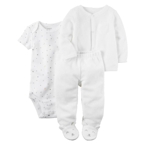 Carter's 3 Piece White Button Down Cardigan, Printed Bodysuit with Footed Pant Set