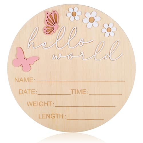 Hello World Newborn Sign, 5.9 Inch Wooden Baby Announcement Sign Pink Butterfly Style Birth Welcome Board for Newborn Boys Girls Photo Props Baby Shower Hospital Nursery (White)