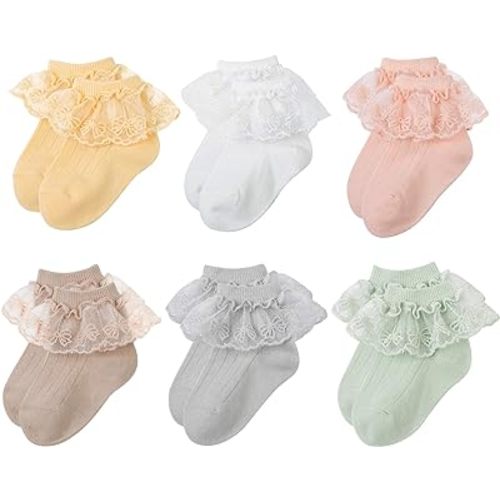 6 Pairs Baby Girls Socks - Newborn Ruffle Lace Princess Frilly Knit Cotton Socks