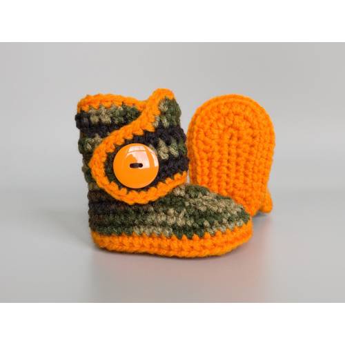Camo Baby Clothes, Caution Orange and Camouflage Newborn Boots, Gender Neutral Hunting Outfit, Forest Green Country Booties, Infant Shoes