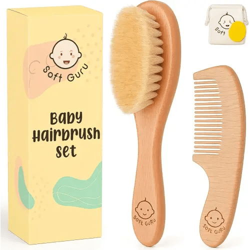 Baby Hair Brush and Comb Set for Girls and Boys – Wooden Infant Hairbrush with Soft Bristles for Newborns, Toddlers & Cradle Cap Care