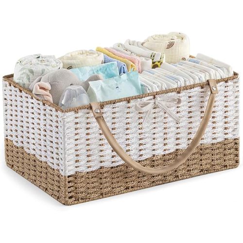 HBlife Diaper Caddy Organizer, Large Hand-Woven Storage Basket for Diapers & Baby Essentials - Modern Fashion Colorblock Design, Ideal Gift for Baby Shower & Registry Must-Have
