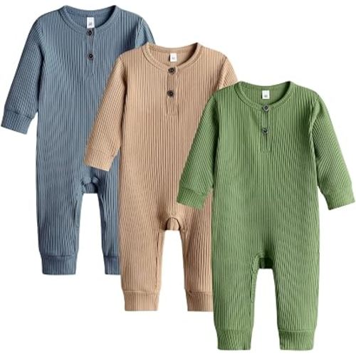 Bafeicao Baby Boy Girl 3 Pack Solid Romper Ribbed Long Sleeve