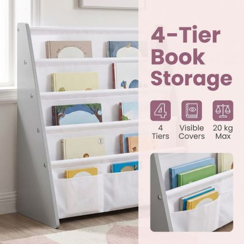 LEDREM Kids Bookshelf, 4-Tier Fabric Sling Bookcase for Playroom, 24.6 x 9.8 x 23.6 Inches, Gray and White
