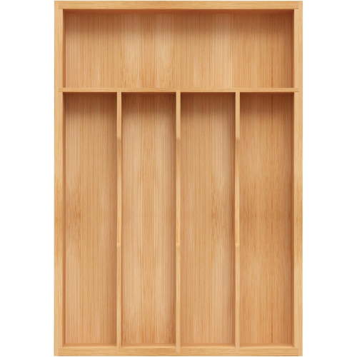 Bamboo Silverware Organizer, Kitchen Drawer Organizer, Utensil Holder, Cutlery Tray & Spoon Flatware Storage with Grooved Drawer Dividers (5 Slots, Natural)