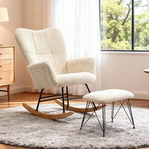 KEEZY Rocking Chair Nursery with Footrest,Upholstered Glider Rocker,Rocking Accent Chair with Padded Seat with High Backrest,Reading Chair,Armchair Comfy Side Chair for Living Room Bedroom (Beige)