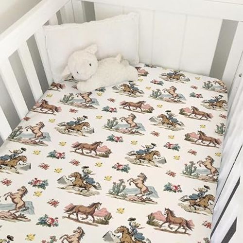 Vintage Cowgirl Horses Baby Crib Sheets for Boy Girl Western Cowgirl Flowers Cactus Soft Snug Fitted Crib Mattress Covers for 52''x28'' Standard Crib & Toddler Mattress Wild West Desert Bed Sheets