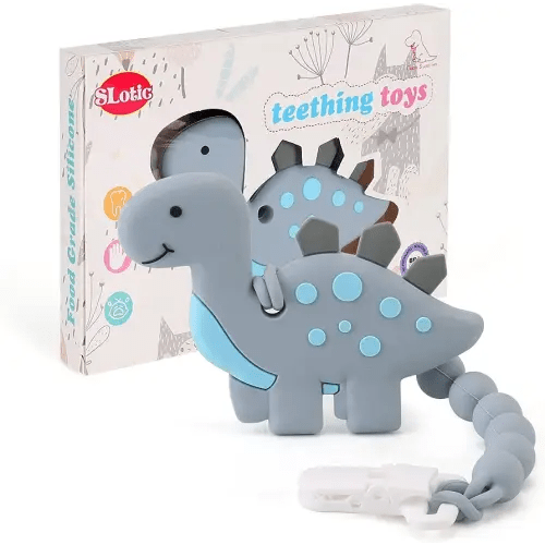 Baby Teething Toys for Babies 3-6 6-12 Months, Dinosaur Teether Pain Relief Toy with One Piece Design Pacifier Clip Holder Set, Freezer Safe Neutral Shower Gift for Boys and Girls (Grey)