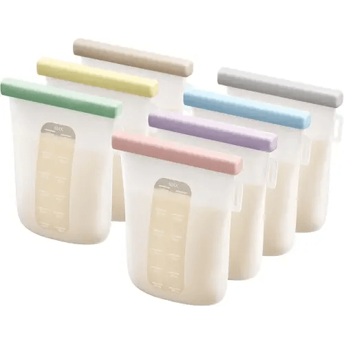 Nuliie 7 Pcs Reusable Silicone Breastmilk Storage Bags, 12oz/360ml Double Leak-Proof, BPA Free Self-Standing Milk Bags for Breastfeeding, Baby Food Pouches