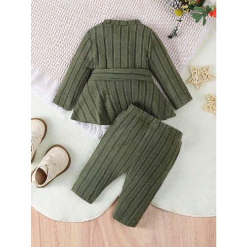 SHEIN Vintaside Kids Girls Casual Everyday Elegant Simple Comfortable Long Sleeve Ruffle Top And Pants With Belt 2pcs Set Winter Two Pieces Setgreen Baby Girls Sets | SHEIN USA