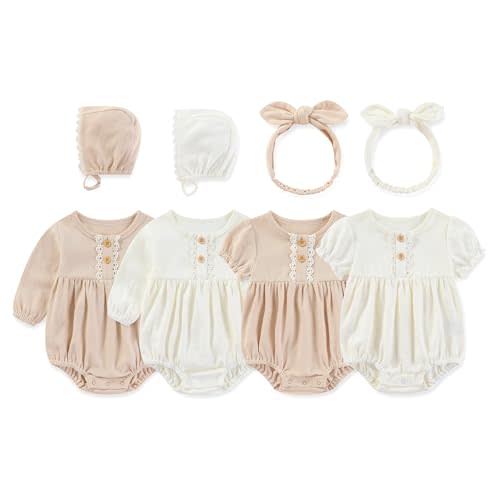 MAMIMAKA Newborn Baby Girl Clothes Cotton Bubble Rompers Infant Outfit Floral Long Short Bodysuit, 4 Pack