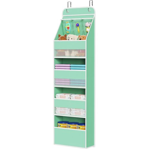 Univivi 5-Shelf Fabric Door Storage Over Door Hanging Organizer with 4 Large Pockets and 3 Small PVC Pockets Nursery Closet Cabinet Wall Mount Hanging Storage Organizers for Baby Nursery (Green)