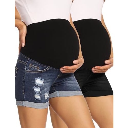 V VOCNI Maternity Denim Shorts Women's Summer High Waist Distressed Cuffed Hem Casual Denim Jean Shorts