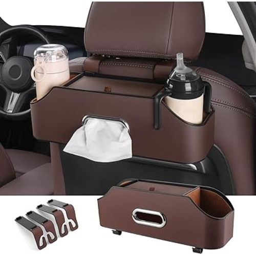 HOLDCY Car Back Seat Organizer with 2 Drink Cup Holder - Tissue Box and Storage Box Hook - Multi-functional Storage - Great for Kids and Travel (Brown)