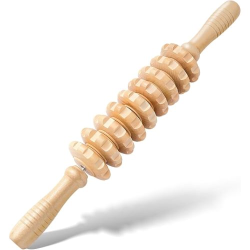 Wooden Cellulite Muscle Roller for Legs and Thighs - Handheld Fascia Blaster Tool for Muscle Relief, Lymphatic Drainage & Body Sculpting - Anti Cellulite Massager for Women and Men (9 Wheel)