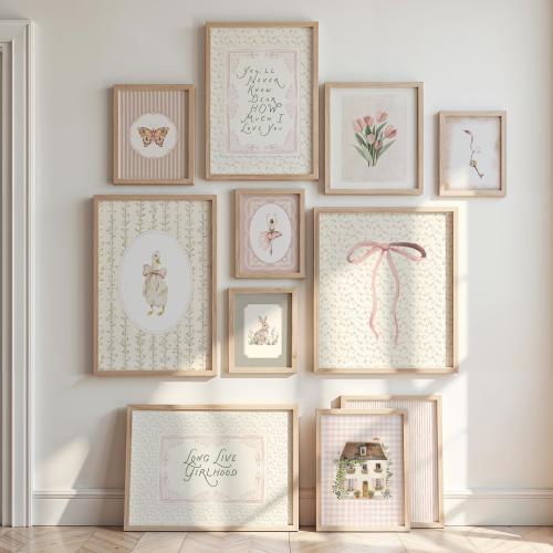 Heirloom Coquette Nursery Wall Art Set, Vintage French Cottage Baby Girl Gallery Wall, Blush Pink Bow Nursery Prints