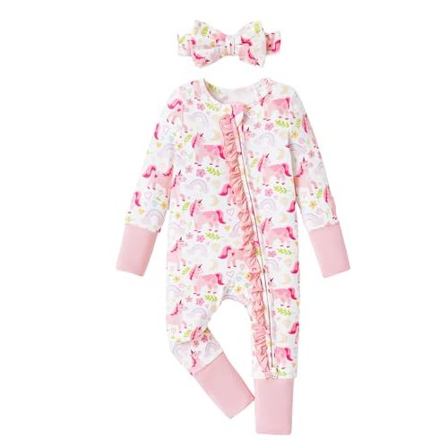 PATPAT Baby Footie Girls - Supersoft Bamboo Viscose - Unisex Infant Clothes - 2 Way Zipper & Mitten & Ruffle Trim & Headband