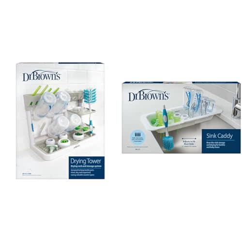 Dr. Brown's Baby Bottle Drying Tower, Stand-Up Drying Rack, Gray/White Sink Caddy for Baby Bottles and Parts with Two Brush Holders, Over the Sink Storage, Drying Rack, Organizer, BPA-Free