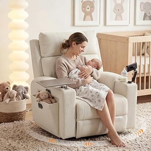 Power Swivel Glider Recliner w/ Adjustable Headrest & Lumbar, Electric Nursery Rocking Chairs with Side Storage Space, USB Port, Phone Stand, Stry Table, Cup Holder for Nursery & Home, Beige Fabric