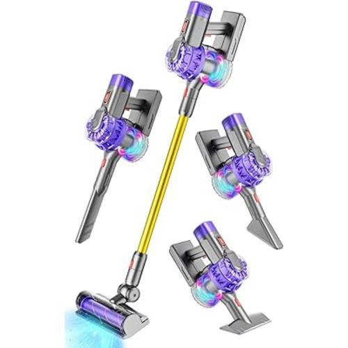 4-in-1 Kids Toy Vacuum That Works with Suction, Electric Toddler Vacuum Toy Cleaner for Children Ages 3 4 5 6+ Boys & Girls, Toddlers Toys Cleaning Set for Pretend Play (Purple/Yellow)