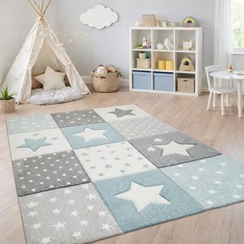 Paco Home Kids Rug for Nursery Checkered with Dots & Stars in Blue White Grey, Size: 4'7" x 6'7"