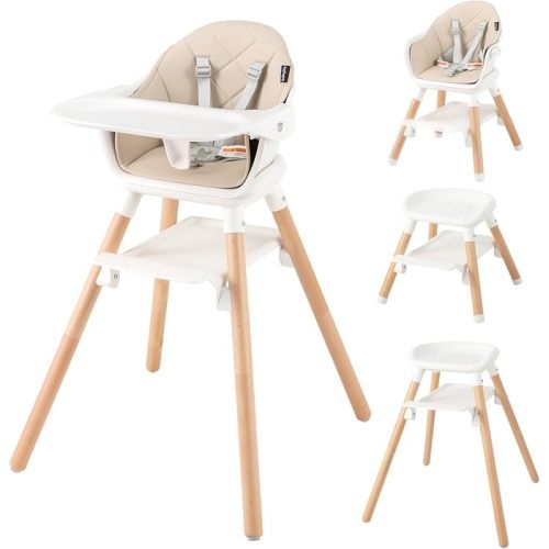 BABY JOY Baby High Chair, 6 in 1 Convertible Wooden High Chair for Babies & Toddlers with Adjustable Legs, Double Removable Tray, Safety Harness & Waterproof PU Cushion (Beige)