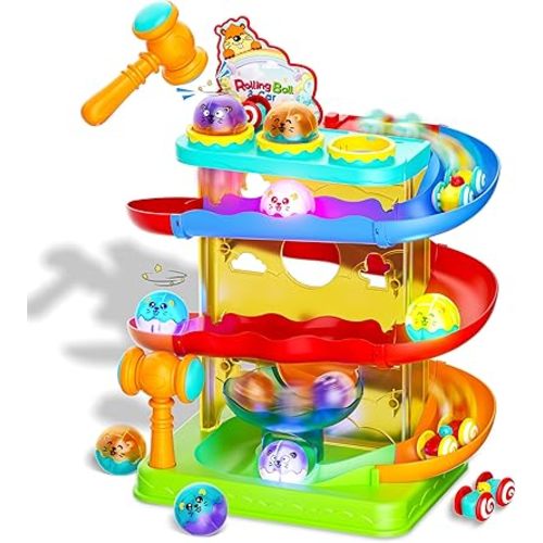 Hammer Ball Drop Toy for 2+ Years Old Boys & Girls, Interactive Toddler Toys w/ Sensor Lights - 2 in 1 Rolling ball & Car Ramp Race Track - Montessori STEM Learning Toys - Great Birthday Gift Ages 1-5