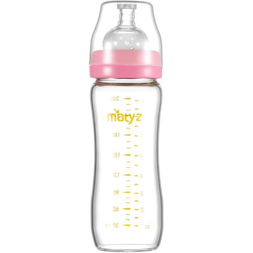 Matyz 8 Ounce Glass Baby Feeding Bottle With Nipple - Light and Slim, Easy to Hold and Clean - Food Grade Borosilicate Glass, Wide Neck for Breastmilk Feeding, No BPA (Pink Lids)