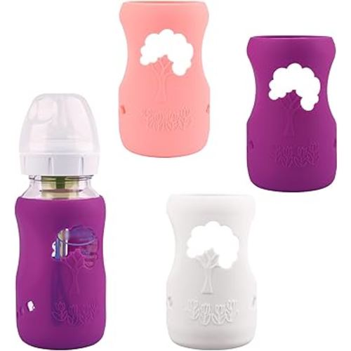 3 Pack Silicone Sleeves for Dr. Brown's Natural Glass Baby Bottles, Anti Breakage Baby Bottle Holder, Compatible Dr. Brown Wide-Neck Glass Baby Bottles 9 oz (White+Pink+Purple)