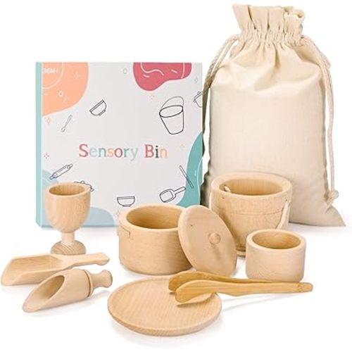 Montessori Toys Sensory Bin Toys for Toddlers Set of 9 Wooden Waldorf Toys Wooden Scoops and Tongs for Transfer Work and Fine Motor Skills Development