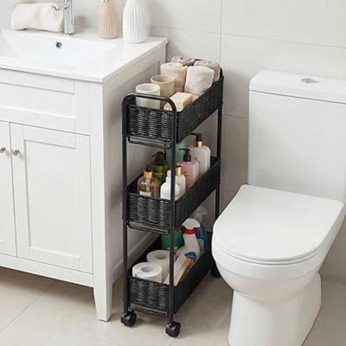 FOCHIER F Utility Slim Storage Cart,3-Tier Rolling Kitchen Office Laundry Room Cart,Mobile Shelving Unit Organizer for Living Room Bathroom Baby Diaper Narrow Places (Black, 3 Tiers-7.1 inch (W))