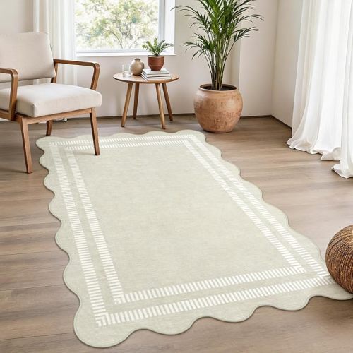 LORWER Washable 8x10 Area Rugs for Living Room, Solid Ivory Ultra-Thin Bedroom Rug Non-Slip Dining Room Rugs, Soft Scalloped Carpet for Nursery Kids Room Office
