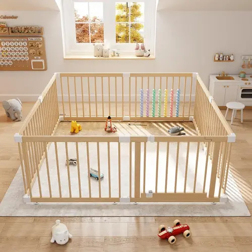 Large Wooden Baby Playpen - Size Adjustable Fence for Babies and Toddlers, Baby Play Yard with Locking Gate, Indoor Play Pen for Kids Activity Center 8 Panels 63.5”×63.5”