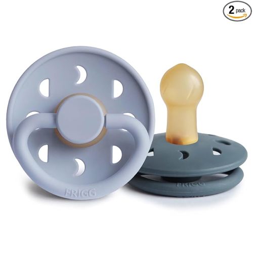 FRIGG Moon Natural Rubber Baby Pacifier | Made in Denmark | BPA-Free (Powder Blue/Slate, 0-6 Months) 2-Pack