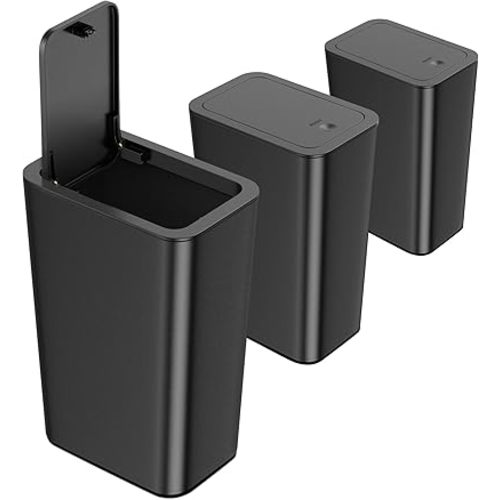 N. NETDOT 3 Pack 10 Liter Small Trash Can with lid, 2.6 Gallon,Garbage Can Slim Trash Bin Waste Basket for Bathroom,Kitchen,Bedroom,Living Room,Office,Laundry - Black