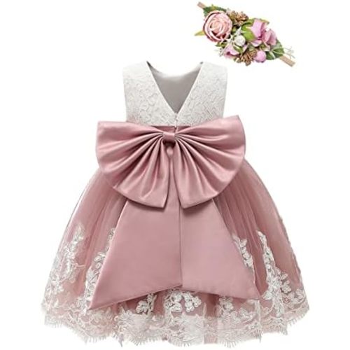 Bow Dream Baby Flower Girl Dresses Lace Bowknot Wedding Pageant Formal Tutu Gown