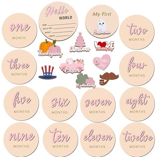 Monthly Baby Milestone Maker Discs, Baby Milestone Signs for Newborn Baby, Hello World Newborn Sign for Baby Girl & Boy, Baby Announcement Sign for 1-12 Month, Milestone Wooden Circles (Pink)