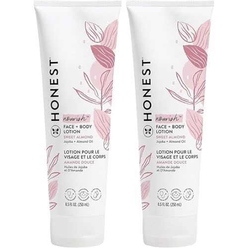 The Honest Company Hydrating Face and Body Lotion, Fast Absorbing, Naturally Derived, Hypoallergenic, Sweet Almond Nourish, 8.5 fl oz (Pack of 2)