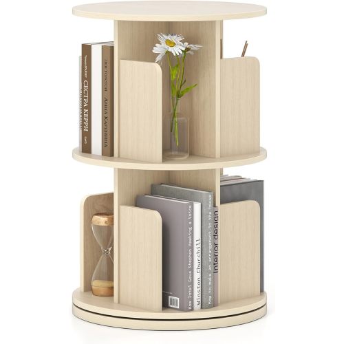 Giantex 2-Tier Rotating Bookshelf, 360° Display Rack w/Dividers & Anti-Falling Baffles, Multifunctional Narrow Floor Standing Bookcase, Book Storage Organizer for Living Room Bedroom, Natural