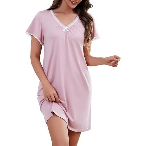 Womens Nightgown V Neck Pleated Sleepwear Short Sleeve Lace Trim Nightshirt Boyfriend Sleepdress