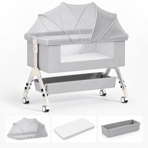 4 in 1 Baby Bassinet, Bedside Bassinet & Baby crib for Baby,Portable Bedside Sleeper Rocking Crib with Wheels, Mosquito Net & Storage Basket,Gray