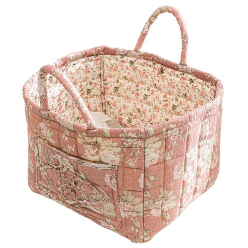 Boho Fabric Storage Basket with Handles, Large Capacity Foldable Floral Organizer for Clothes and Sundries, Quilted Puffer Tote Bag for Home, Picnic, Shopping, Travel