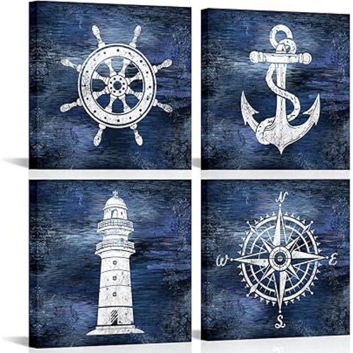 LoveHouse Rustic Nautical Wall Art Boat Anchor Paintings Helm Drawing Compass Print Lighthouse Home Decor Pictures Navy Blue Artwork for Bathroom Living Room Ready to Hang 12x12 Inchx4 Piece