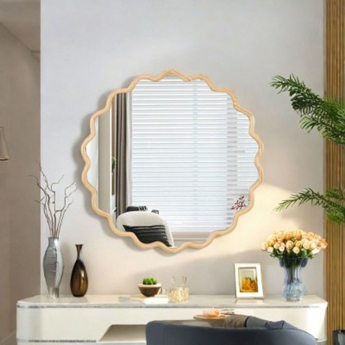 31" Solid Wood Scalloped Round Wall Mirror, Natural Wavy Wooden Frame Decorative Mirror for Living Room, Entryway, Bedroom - Panipeachy