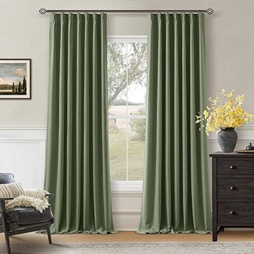Pleated Blackout Olive Green Curtains 96 Inches Long 2 Panels Set for Bedroom Living Room Darkening Linen Blend Back Tab Pinch Pleat Memory Shape with Liner Soundproof 96 Inch Window Curtains