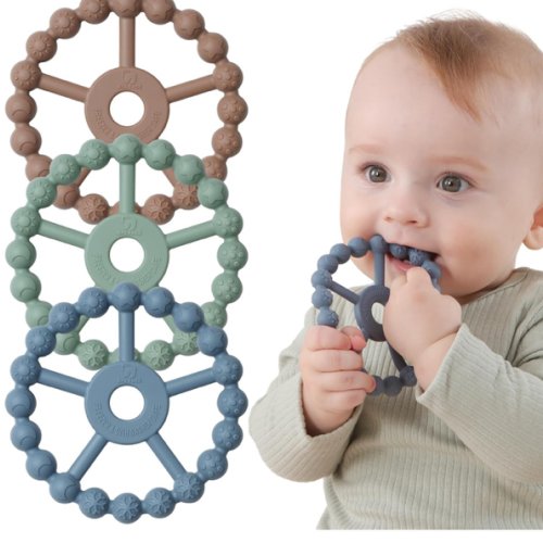 3 Pack Ring Teether Baby Infant Toys, Baby Essentials, Silicone Teething Ring Toys for Babies 0-6 Months, Seposeve Toddler Teethers 6-12 Months 12-24 Months, Infant Teething Relief, Brown Green Blue